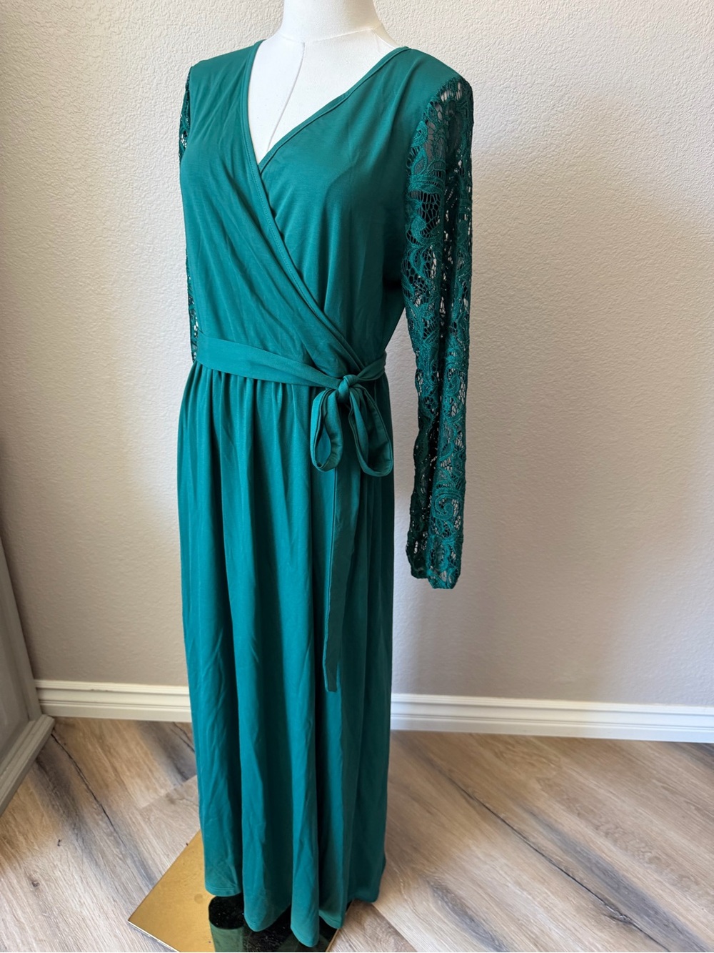 Elegant Teal Lace-Sleeve Wrap Maxi Dress with Self-Tie Waist